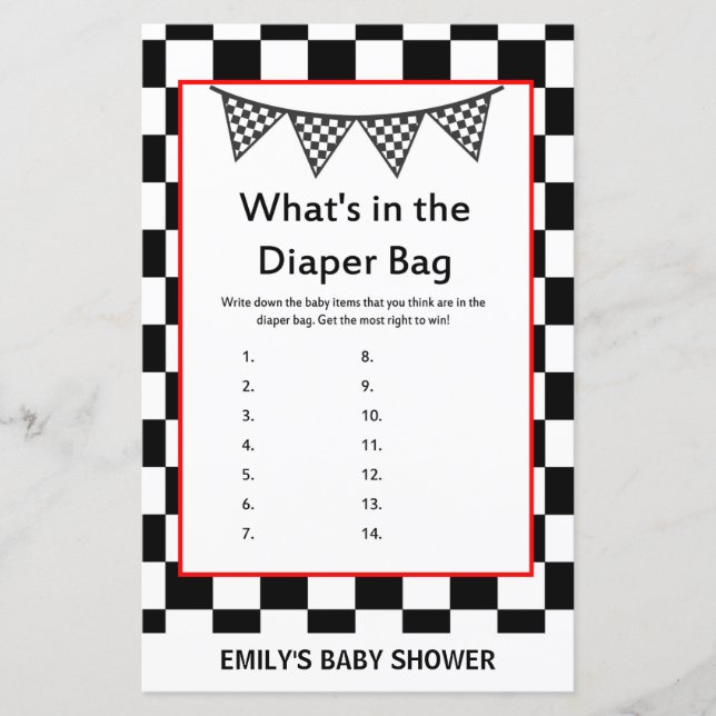 Racing Car Baby Shower Game PRINTED (Front)