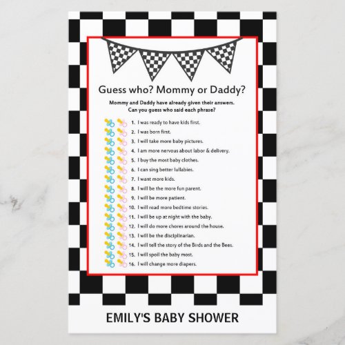 Racing Car Baby Shower Game PRINTED