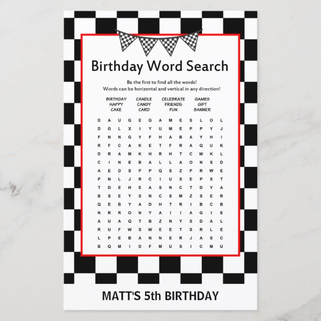 Racing Car Birthday Game PRINTED (Front)