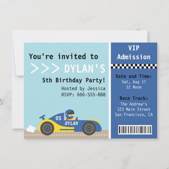 Racing Car, Birthday Party, Boys Admission Ticket Invitation (Front)