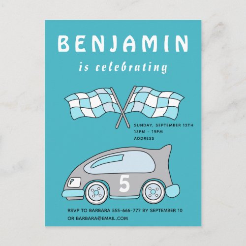 Racing Car Birthday Party Invitation - A personalizable birthday party invitation card perfect for your kid`s birthday party celebration! A racing car birthday invite with a blue and gray racing car on a road with an age number on it. Great as a party invite for a boy's birthday.
Personalize it with your name, age and other informations. You can change the background colour if you want.