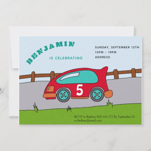 Racing Car Birthday Party Invitation - A personalizable birthday party invitation card perfect for your kid`s birthday party celebration! A racing car invite with a red race car on a road with an age number on it. Great as a party invite for a boy's or a girl`s birthday and their friends.
Personalize it with your name, age and other informations.