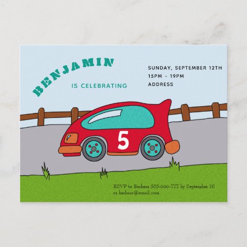 Racing Car Birthday Party Invitation - A personalizable birthday party invitation card perfect for your kid`s birthday party celebration! A racing car birthday invite with a red race car on a road with an age number on it. Great as a party invite for a boy's or a girl`s birthday and their friends.
Personalize it with your name, age and other informations.