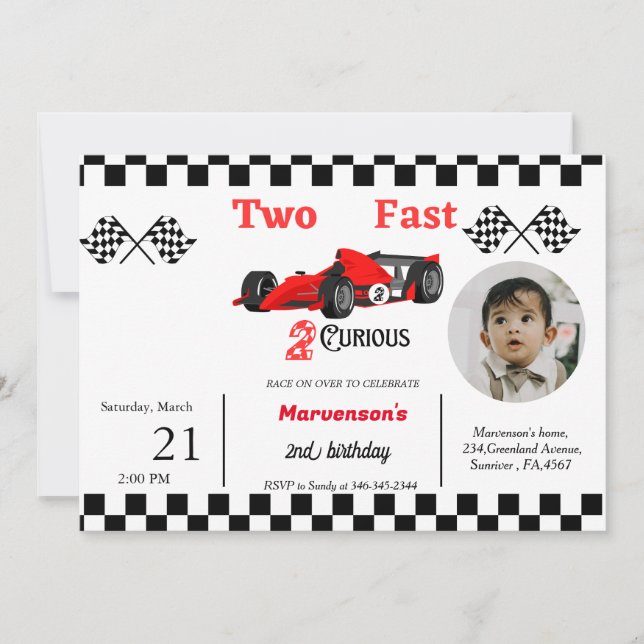 Racing car bithday boy growing up two fast invitation (Front)