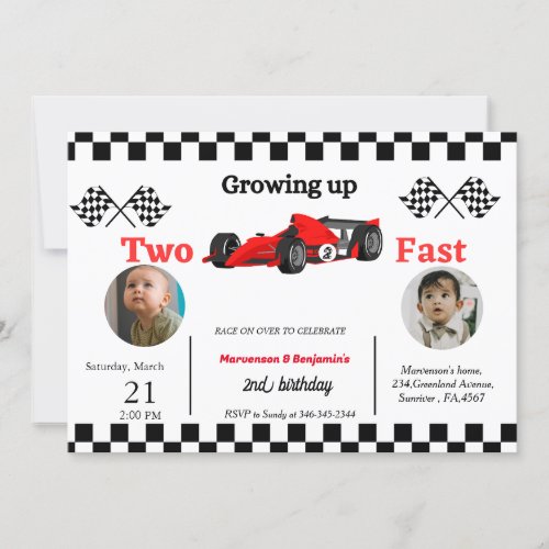 Racing car bithday twin boys growing up two fast  invitation