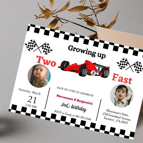 Racing car bithday twin boys growing up two fast  invitation