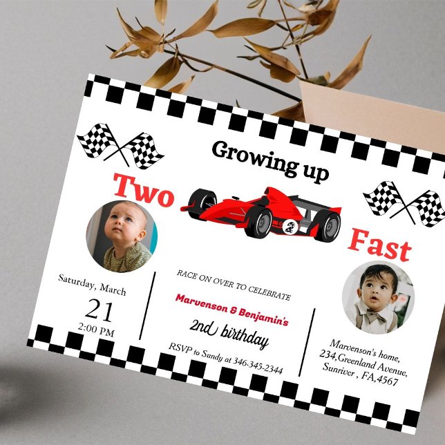 Racing car bithday twin boys growing up two fast  invitation (Creator Uploaded)