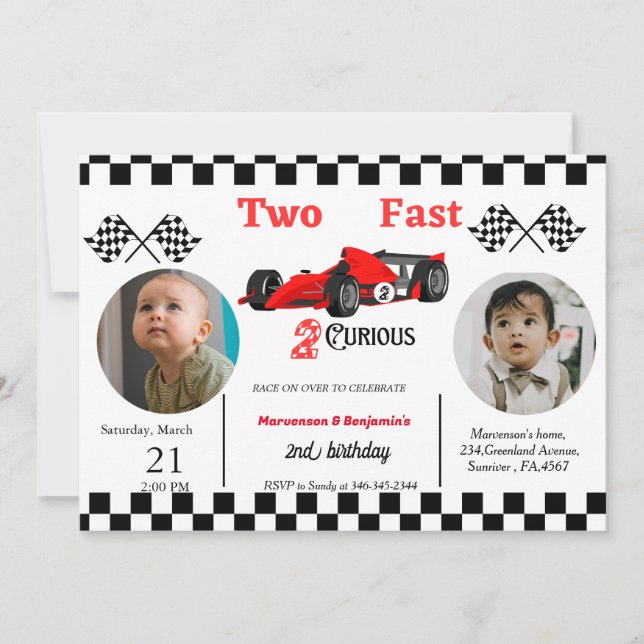 Racing car bithday twin boys growing up two fast  invitation (Front)