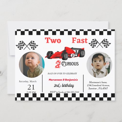 Racing car bithday twin boys growing up two fast  invitation