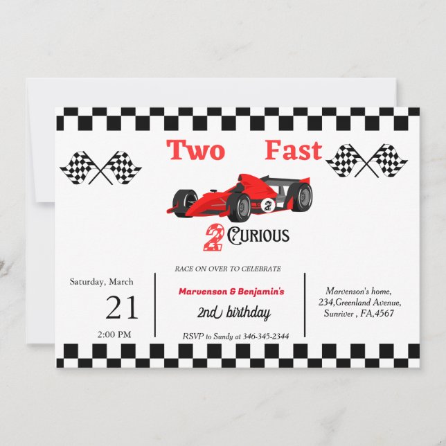 Racing car bithday twin boys growing up two fast invitation (Front)