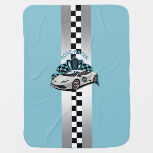 Racing car black  white checkered blue baby blanket