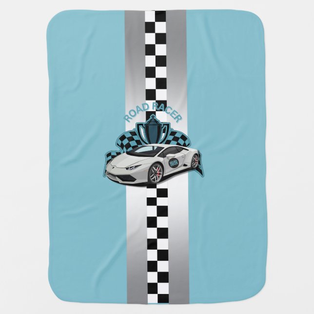 Racing car, black & white checkered blue baby blanket (Front)