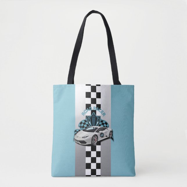 Racing car, black & white checkered blue tote bag (Front)