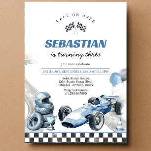 Racing Car Blue Boy Birthday Invitation