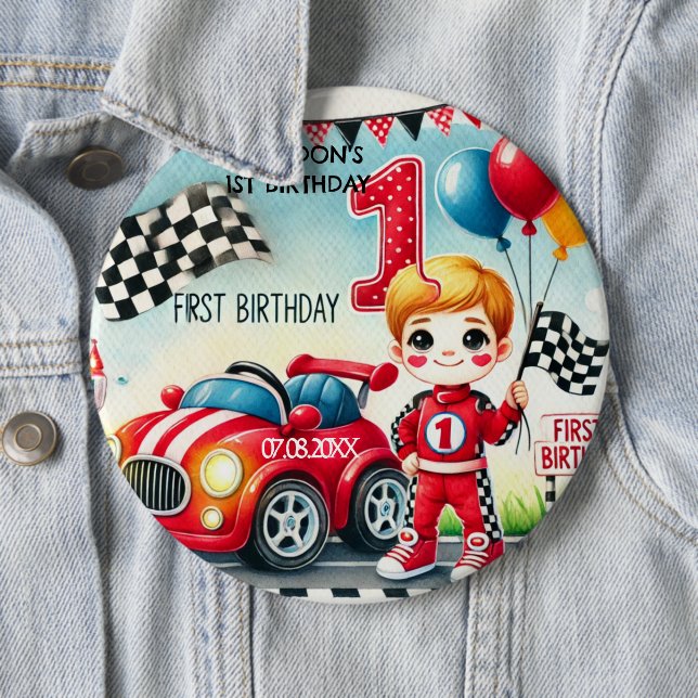 Racing Car Boy 1st Birthday Party  Button (In Situ)