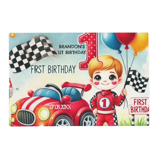 Racing Car Boy 1st Birthday Party  Placemat (Front)