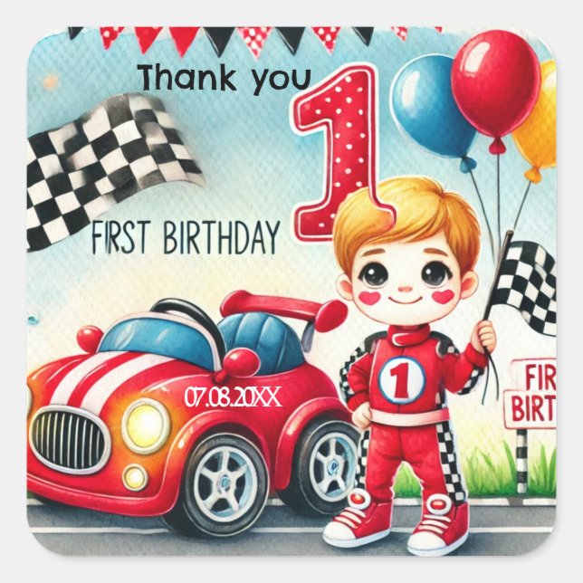 Racing car Boy 1st Birthday Party  Square Sticker (Front)