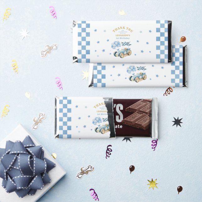Racing Car Checkered Blue Flag  Hershey Bar Favors (Front)