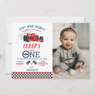 Racing Car Driver ONE First Trip Photo Birthday Invitation