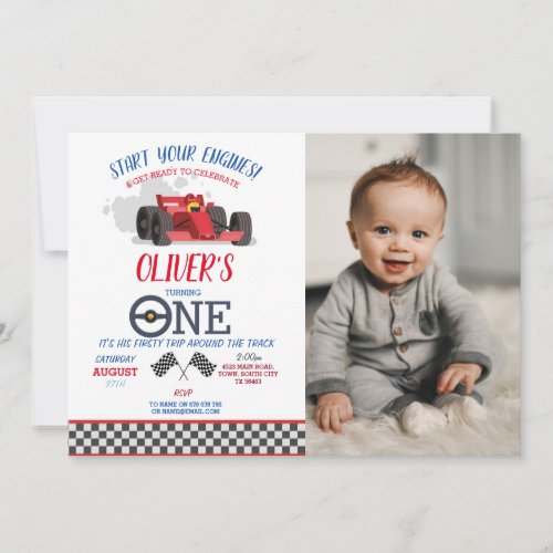 Racing Car Driver ONE First Trip Photo Birthday  Invitation