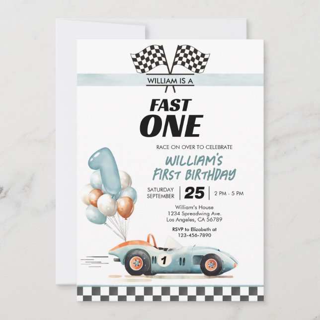 Racing Car Fast One Blue 1st Birthday Invitation (Front)