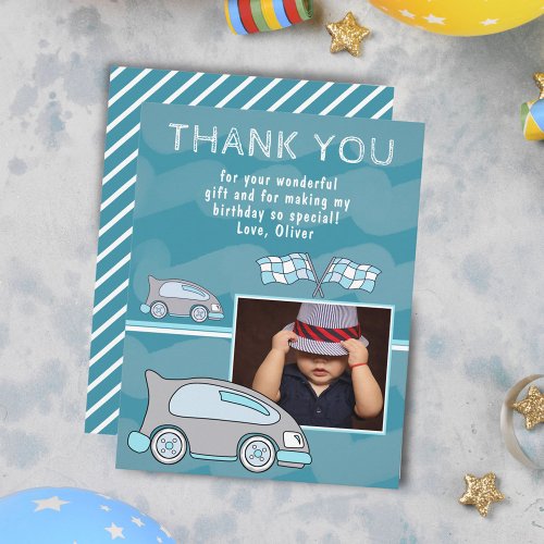 Racing Car Finish Flags Blue Boy Photo Birthday  Thank You Card