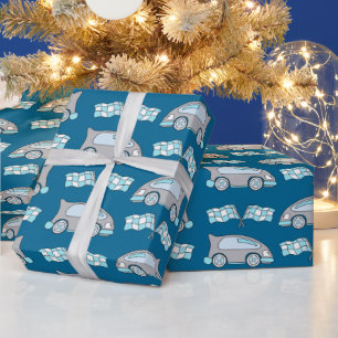 Racing Car Flag Blue Kids Pattern Wrapping Paper