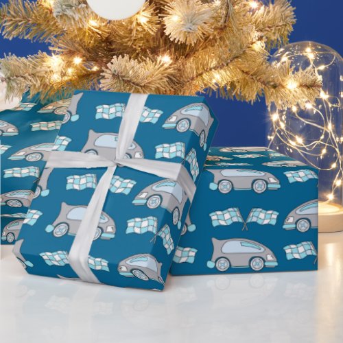 Racing Car Flag Blue Kids Pattern Wrapping Paper - Racing Car Flag Blue Kids Pattern Wrapping Paper. A pattern with racing cars and flags. This wrapping paper comes with blue and gray racing cars and a racing flag in blue, white and gray colors. It`s a pattern for children, especially boys. The background is dark blue.