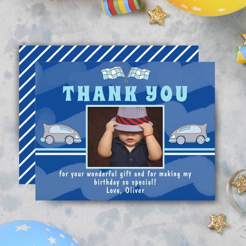 Racing Car Flag Blue Photo Birthday Thank You Card