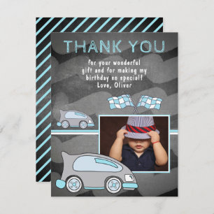 Racing Car Flag Chalkboard Photo Birthday Thank You Card