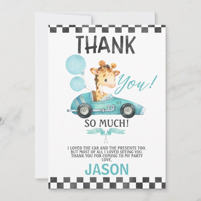 Racing Car Giraffe Birthday Thank You Card (Front)