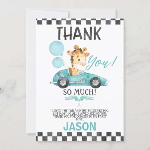 Racing Car Giraffe Birthday Thank You Card
