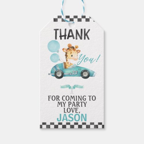 Racing Car Giraffe Birthday Thank You Gift Tags