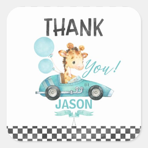 Racing Car Giraffe Birthday Thank You Square Sticker