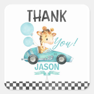 Racing Car Giraffe Birthday Thank You Square Sticker