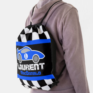 Racing car graphic blue flag kids full name drawstring bag