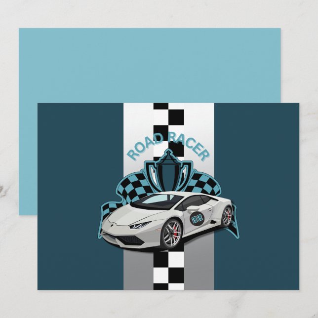 Racing car green, black & white birthday invitation (Front/Back)