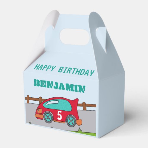Racing Car Happy Birthday Favor Box - A personalizable racing car happy birthday favor box. A red racing car with a name, driving on the road. The car with an age number on it that you can change. This design comes with a text Happy birthday. Personalize it with your name. The size, font and colour of the text are costumizable.
Great for a boy`s birthday.