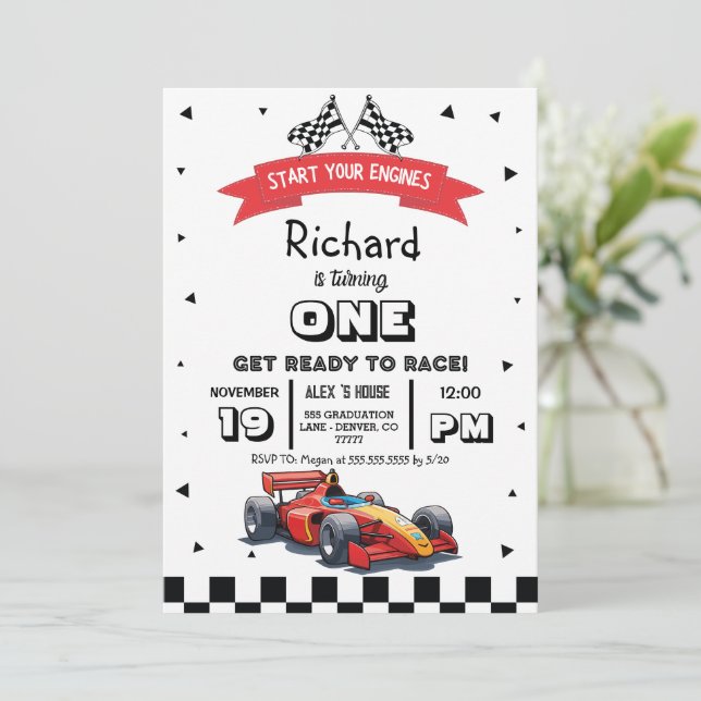 Racing Car Kids Birthday  Invitation (Standing Front)
