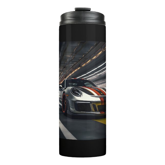 racing car on indoor track thermal tumbler (Front)