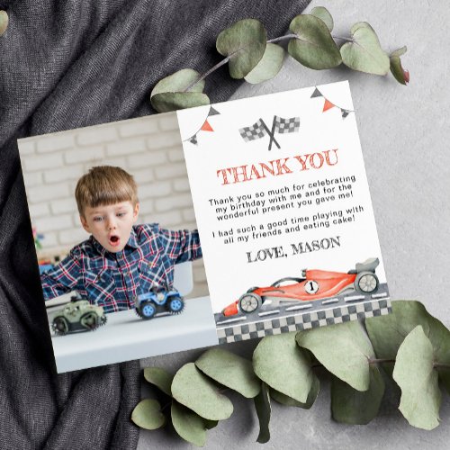 Racing Car Party Birthday Photo Thank You Card