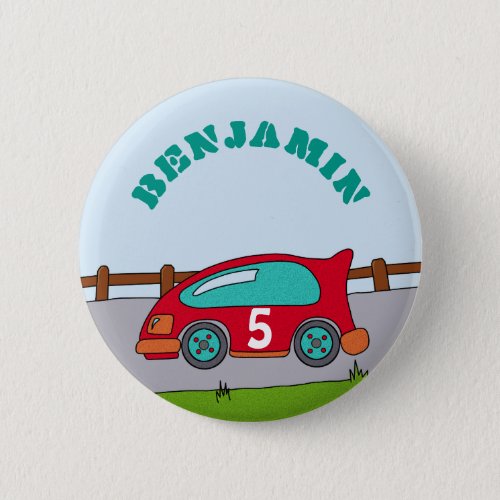 Racing Car Personalizable Birthday Button - This personalizable birthday button comes with a simple red racing car, driving on a road. The button has a child`s name and his age on the car. You can personalize it with your name and age, also you can change the font, colour and size of the text.
 It`s a perfect party birthday gift for the guests.