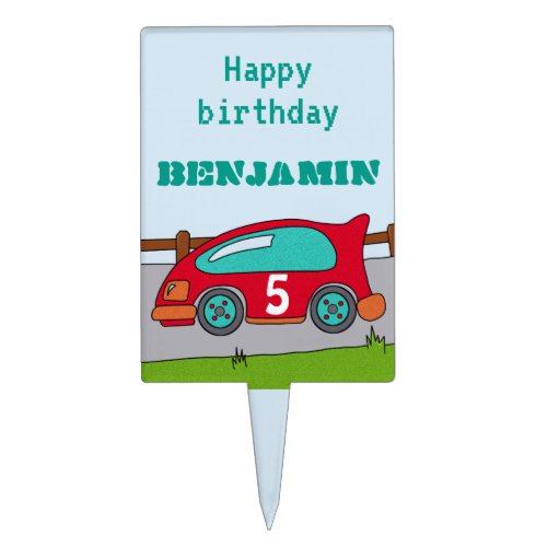 Racing Car Personalizable Birthday Party Cake Topper - This personalizable happy birthday party cake topper comes with a simple red racing car, driving on a road. The topper has a child`s name and his age on the car. You can personalize it with your name and age, also you can change the font, colour and size of the text.
It`s a perfect party birthday supply for a boy who loves cars.