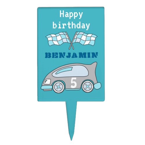 Racing Car Personalizable Birthday Party Cake Topper - This personalizable happy birthday party cake topper comes with a simple gray and blue racing car and two racing flags. The topper has a Happy birthday text, child`s name and his age on the car. You can personalize it with your name and age, also you can change the font, colour and size of the text.
It`s a perfect party birthday supply for a boy who loves cars.