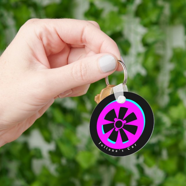 Racing Car Rim Neon Pink Black Keychain (Hand)