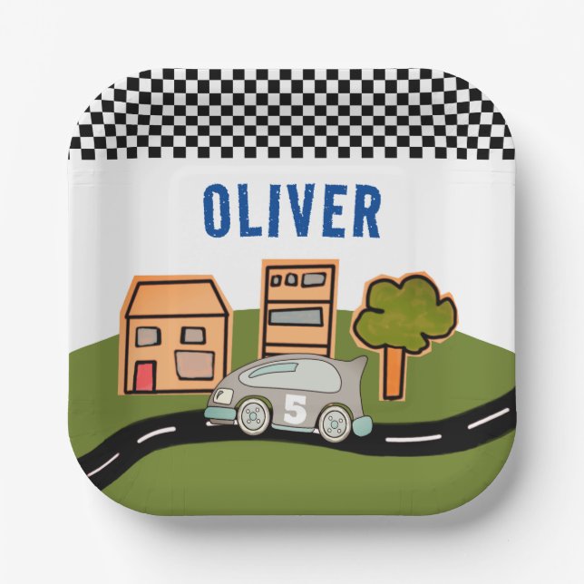 Racing Car Road House Custom Name Birthday Paper Plates (Front)