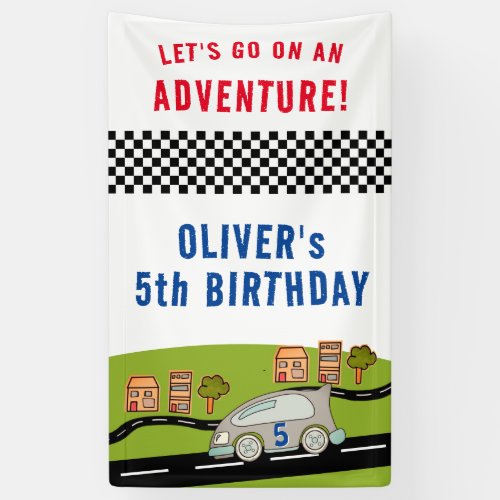 Racing Car Road Houses Boy Birthday  Banner
