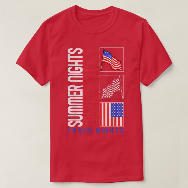 Racing Car Summer Night Dirt Track Lights USA Flag T-Shirt (Design Front)
