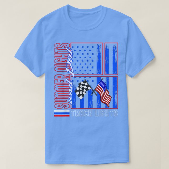 Racing Car Summer Night Dirt Track Lights USA Flag T-Shirt (Design Front)