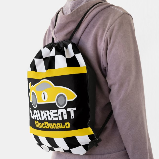 Racing car yellow flag kids full name drawstring bag (Insitu)